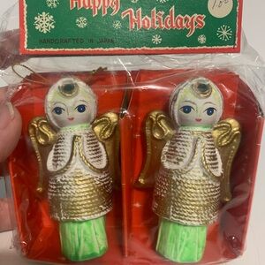 Set Of 2 MCM Vintage Green Angle Christmas Tree Ornament  HandCrafted Japan NOS.